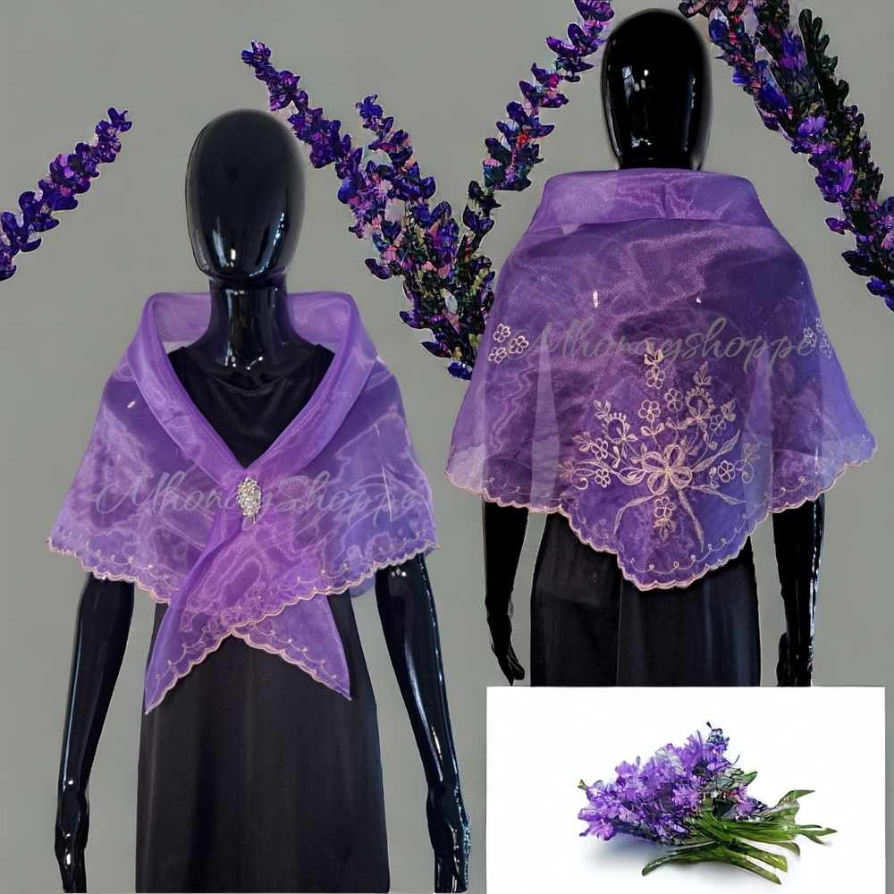 Lavender-Modern Embroidered Filipiniana Alampay – Handmade Organza Scarf